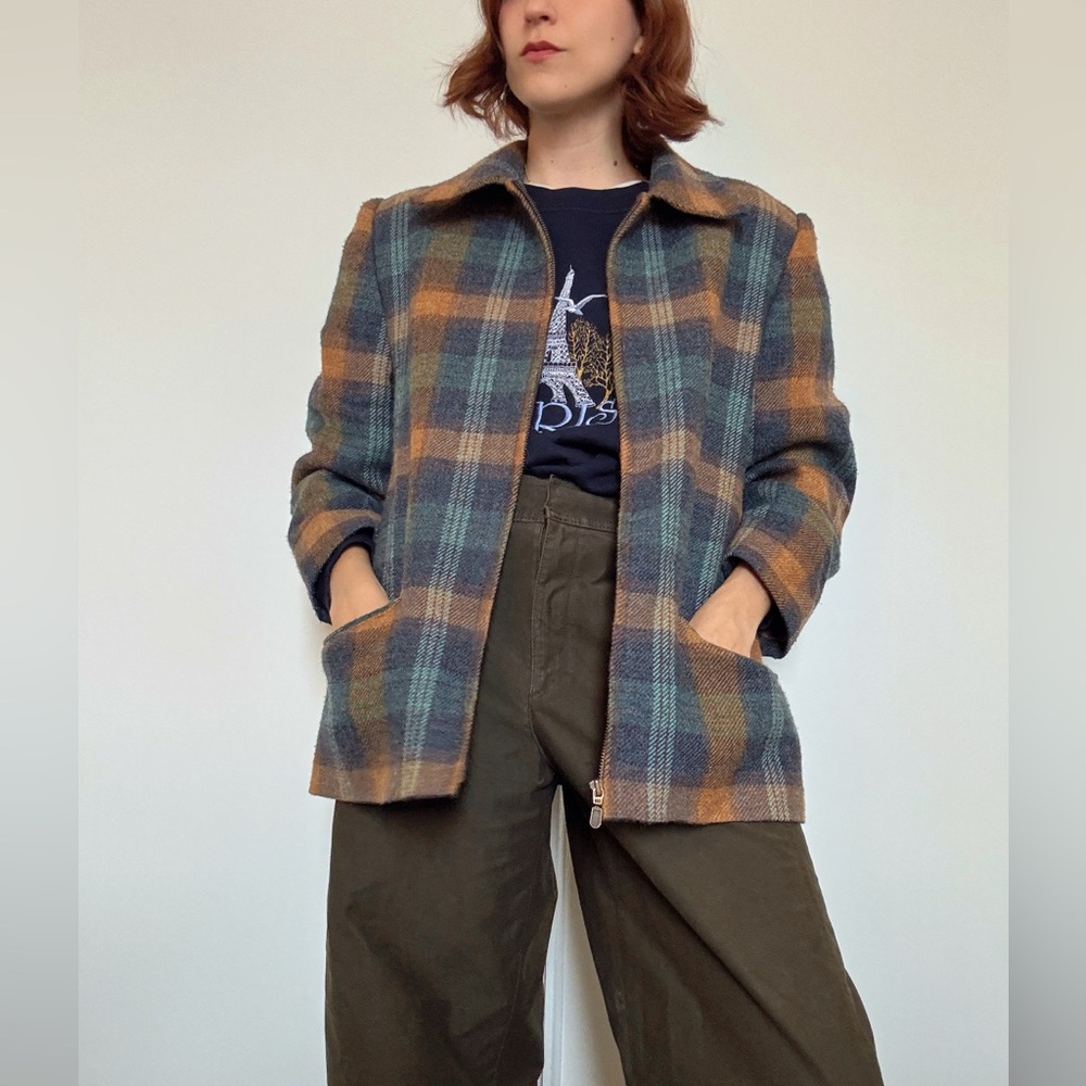 Vintage Plaid Pea Coat in Teal, Brown & Mustard - Picture 4 of 10